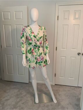Blue Blush Cream Floral Wrap Romper with Green and Pink Accents